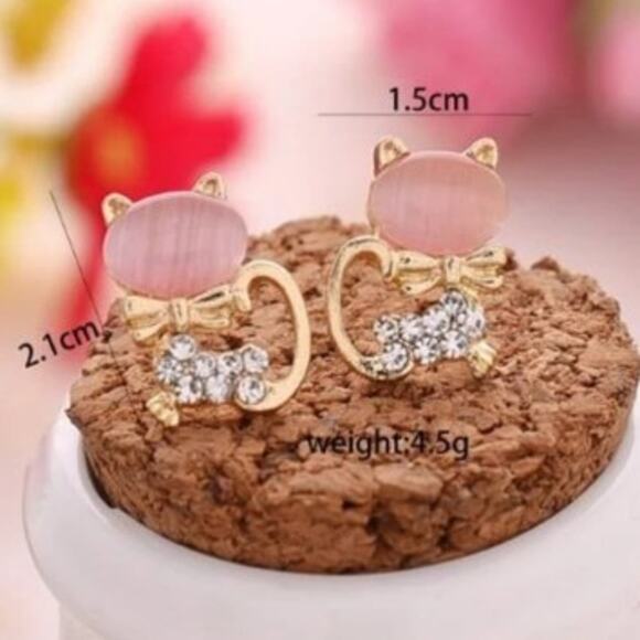 Private Label Jewelry - Small Pink Cat Stud Earrings Rhinestone & Opal Head NWOT